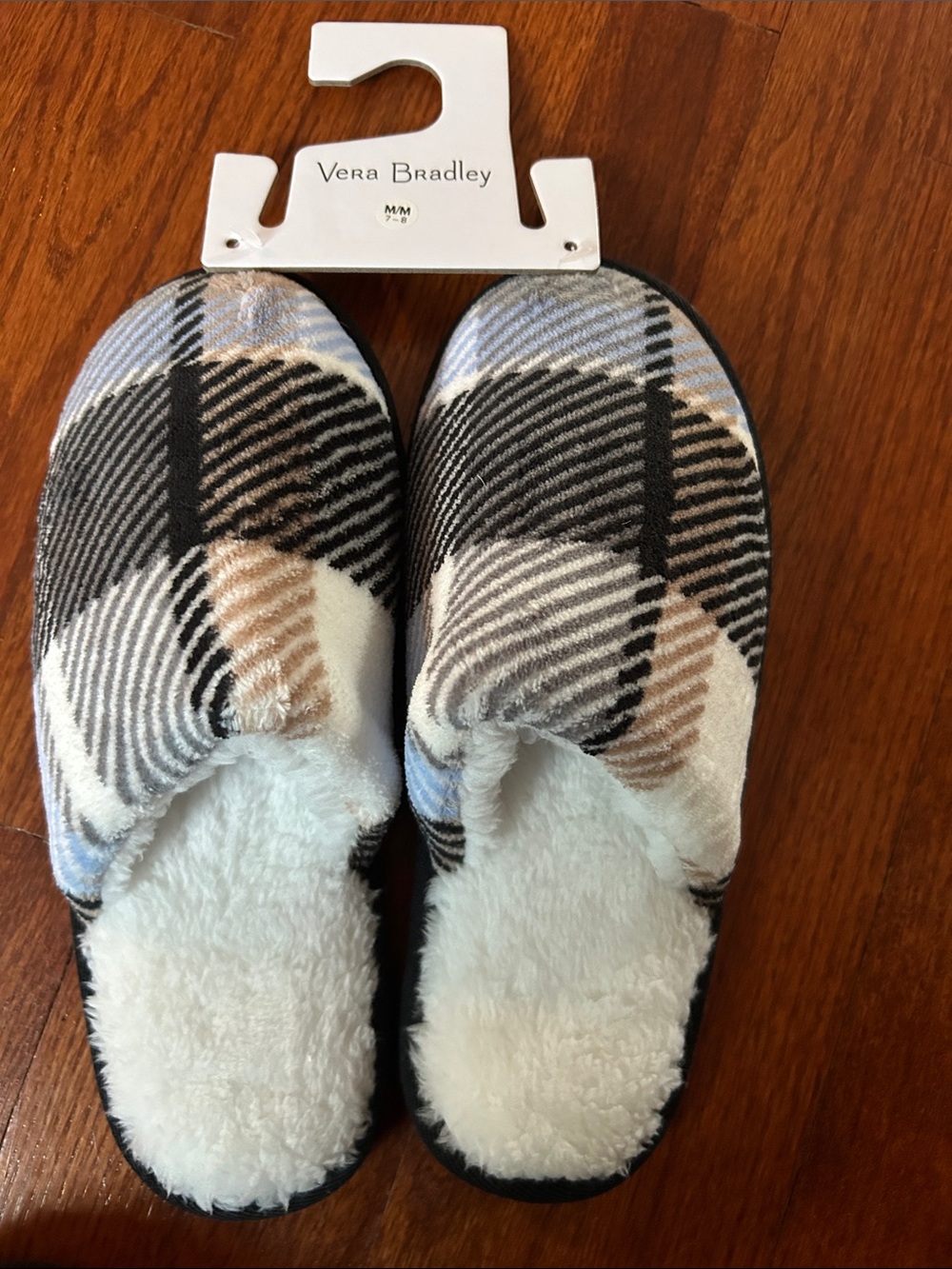 Vera Bradley Plaid Plush Slide Slippers in Cream, Black & Tan